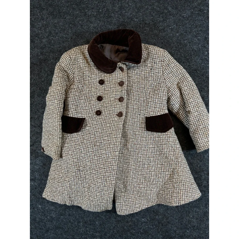 VTG 50s Brown Basketweave Coat and Overalls Set with Velvet Trim Girls Lot of 2